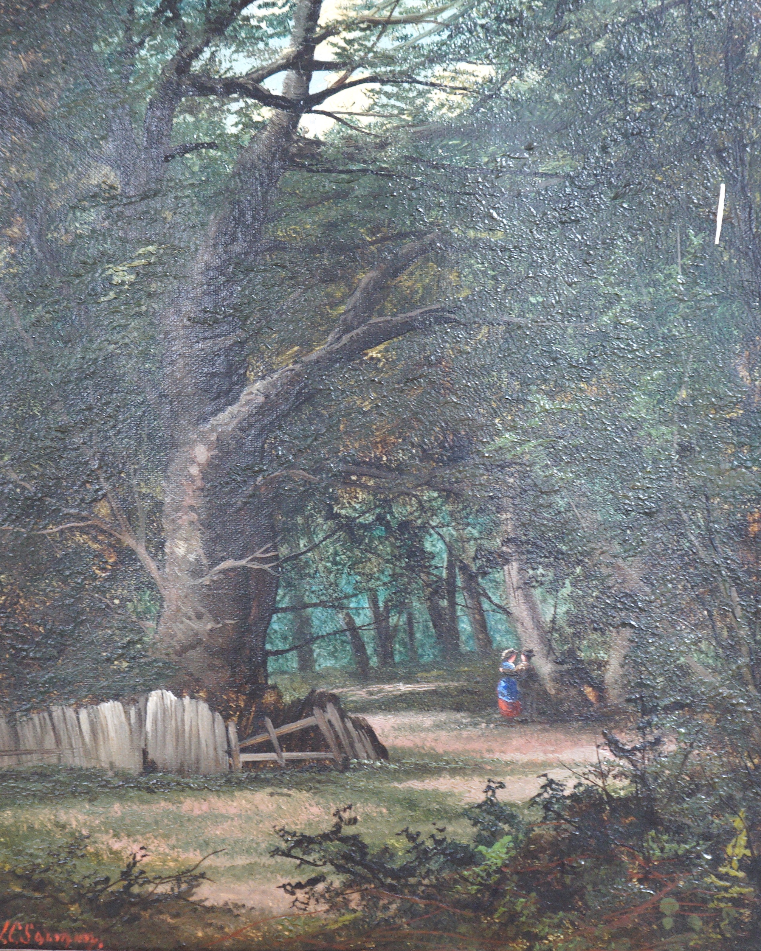 John Cuthbert Salmon (1844-1917), pair of oils on canvas, Figures in woodland and Sheep in pasture, signed, 29 x 24cm and a riverscape by another hand, 30 x 44cm